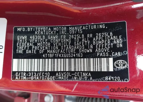 2016 Toyota Camry Le z USA, uszkodzony, nr VIN 4T1BF1FKXGU524163